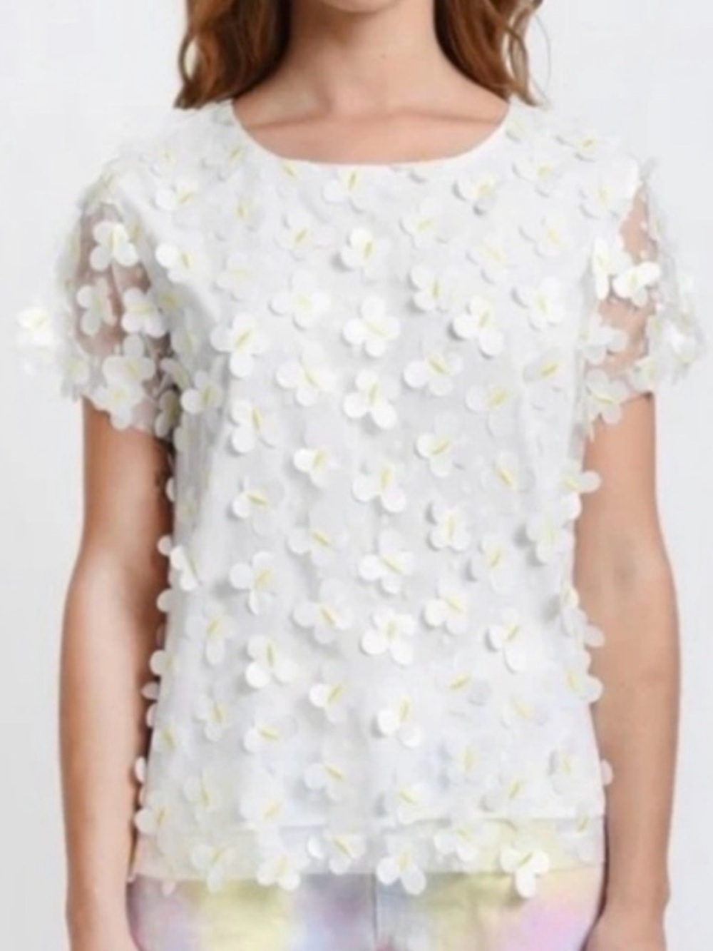 LILI SIDONIO Daisy Veil Tee Blouse Top White Yellow Appliqué Flowers